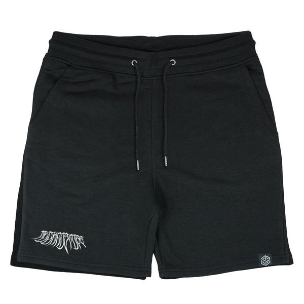 schwarze Techno Shorts und kurze Hose mit Decay Motiv flach von vorne, weißer Hintergrund